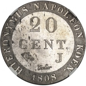 Vestfálsko, Jerome Napoleon (1807-1813). Zkouška 20 centimů, Flan bruni (PROOF) 1808, J, Paříž.