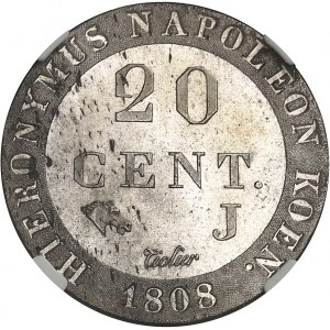 Westfalen, Jérôme Napoleon (1807-1813). Versuch von 20 Centimes, Gebrannter Rohling (PROOF) 1808, J, Paris.