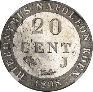 Westphalie, Jérôme Napoléon (1807-1813). Essai de 20 centimes, Flan bruni (PROOF) 1808, J, Paris.