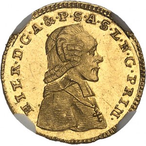 Salzburg (biskupství), Jérôme de Colloredo (1772-1803). 1/4 dukátu, aspekt Flan bruni (PROOFLIKE) 1777, Vídeň.