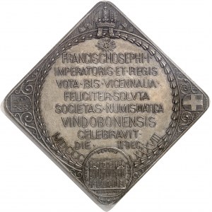 František Jozef I. (1848-1916). Klippeho medaila, 40. výročie cisárovej vlády, oslava Rakúskej numizmatickej spoločnosti, autori A. Scharff a R. Neuberger 1888, Viedeň.