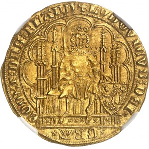 Flandria (hrabstwo), Louis de Male (1346-1384). Złota tarcza z krzesłem i lwem ND (1346-1384), Gandawa lub Mechelen.