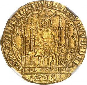 Flandria (hrabstwo), Louis de Male (1346-1384). Złota tarcza z krzesłem i lwem ND (1346-1384), Gandawa lub Mechelen.