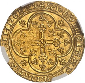 Flandria (hrabstwo), Louis de Male (1346-1384). Złota tarcza z krzesłem i lwem ND (1346-1384), Gandawa lub Mechelen.