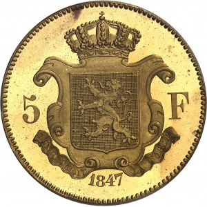 Leopold I. (1831-1865). Versuch von 5 Franken aus vergoldetem Kupfer von Dargent, Frappe spéciale (SP) 1847, Brüssel.