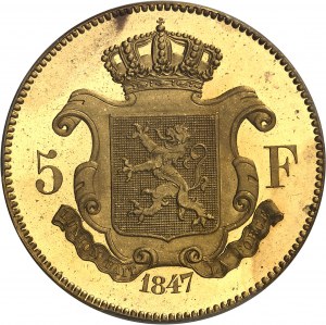 Leopold I. (1831-1865). Zkouška 5 franků ve zlacené mědi od Dargenta, Frappe spéciale (SP) 1847, Brusel.
