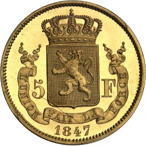 Leopoldo I (1831-1865). Prova da 5 franchi in rame dorato di Jouvenel, Frappe spéciale (SP) 1847, Bruxelles.