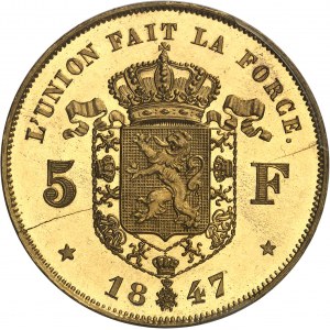 Leopold I (1831-1865). Próba za 5 franków w złoconej miedzi Leclercqa, Frappe spéciale (SP) 1847, Bruksela.