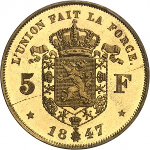 Leopold I. (1831-1865). Versuch von 5 Francs aus vergoldetem Kupfer von Leclercq, Frappe spéciale (SP) 1847, Brüssel.