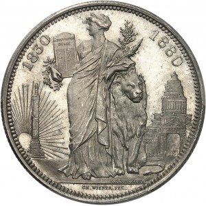 Leopold II (1865-1909). Moduł 5 franków, pięćdziesiąta rocznica królestwa, mennica 1880, Bruksela.