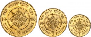 Jigme Dorji Wangchuk (1952-1972). Set of 1, 2 and 5 gold sertums, 40th anniversary of the Bhutanese monarchy 1966, London.
