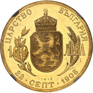 Ferdinand I. (1887-1918). 100 leva, památka nezávislosti, aspekt Flan bruni (PROOFLIKE) 1912, Vídeň.