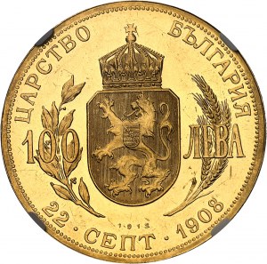 Ferdinand I. (1887-1918). 100 leva, pamiatka nezávislosti, aspekt Flan bruni (PROOFLIKE) 1912, Viedeň.