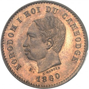 Norodom Ier (1860-1904). Essai de cinq centimes, sur flan en bronze, Frappe spéciale (SP) 1860, Bruxelles (Würden).