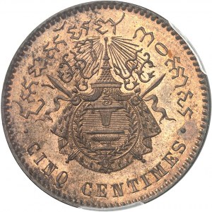 Norodom I. (1860-1904). Päťcentová skúšobná minca, na bronzovom blanku, Frappe spéciale (SP) 1860, Brusel (Würden).