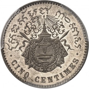 Norodom Ier (1860-1904). Épreuve de cinq centimes (sans ESSAI), sur flan en bronze argenté, Frappe spéciale (SP) 1860, Bruxelles (Würden).