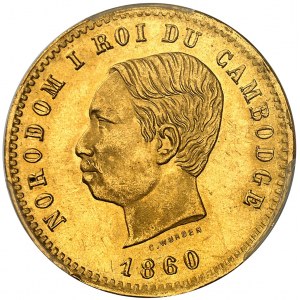 Norodom Ier (1860-1904). Épreuve en Or de dix centimes, Frappe de luxe, Frappe spéciale (SP) 1860, Bruxelles (Würden).