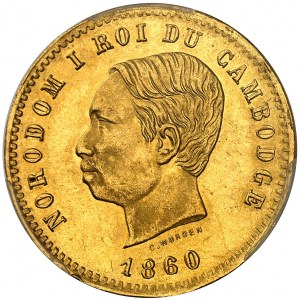 Norodom I. (1860-1904). Deseticentový zlatý proof, Frappe de luxe, Frappe spéciale (SP) 1860, Brusel (Würden).