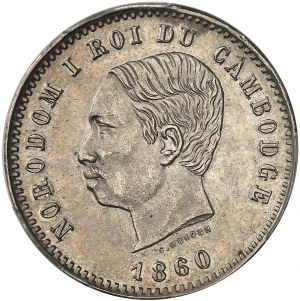 Norodom I. (1860-1904). Stříbrný deseticentový proof, Frappe de luxe, Frappe spéciale (SP) 1860, Brusel (Würden).