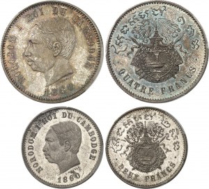 Norodom I (1860-1904). Serie (set di zecca) di 25 e 50 centesimi, uno, due e quattro franchi, tondello brunito (PROVA) 1860, Bruxelles (Würden).