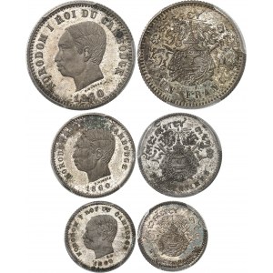 Norodom I. (1860-1904). Série (mincovní sada) 25 a 50 centimů, jednoho, dvou a čtyř franků, leštěné polotovary (PROOF) 1860, Brusel (Würden).