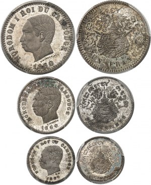 Norodom I. (1860-1904). Séria (mincová sada) 25 a 50 centov, jeden, dva a štyri franky, leštené polotovary (PROOF) 1860, Brusel (Würden).