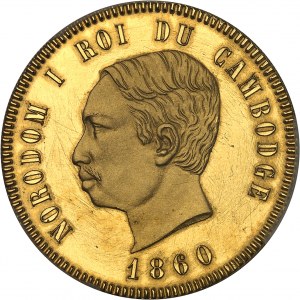 Norodom Ier (1860-1904). Épreuve de quatre francs, sans signature, sur flan en Or, Flan bruni (PROOF) 1860, Bruxelles (Würden).