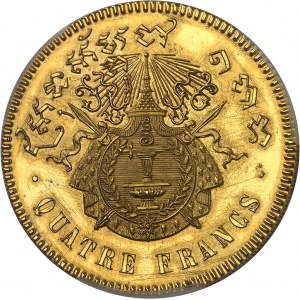 Norodom I (1860-1904). Proof of four francs, unsigned, on gold blank, burnished blank (PROOF) 1860, Brussels (Würden).