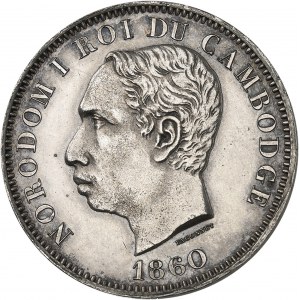 Norodom Ier (1860-1904). Épreuve de Une piastre - Un peso, sur flan en cuivre argenté, tranche lisse 1860, Bruxelles (Würden).