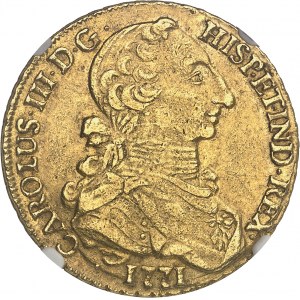 Carlo III (1759-1788). 8 escudos à la tête de rat 1771 A, S°, Santiago.