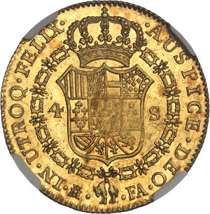 Charles IV (1788-1808). 4 escudos 1801/1791 FA, M couronnée, Madrid.