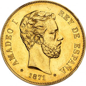 Amedeo I (1870-1873). 100 pesetas, coniata in oro giallo, bordo in rilievo JUSTICIA Y LIBERTAD 1871, M, Madrid.