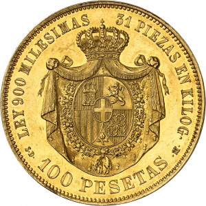 Amedeo I (1870-1873). 100 pesetas, coniata in oro giallo, bordo in rilievo JUSTICIA Y LIBERTAD 1871, M, Madrid.