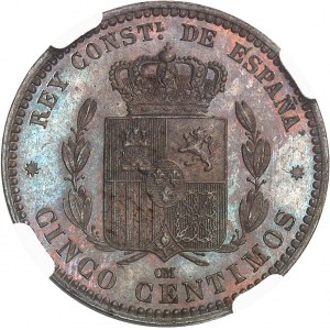 Alfonso XII (1874-1885). 5 centimů, leštěný blanket (PROOF) 1877 OM, Barcelona.