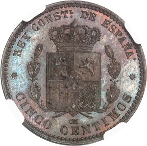 Alfons XII (1874-1885). 5 centymów, wypalony blankiet (PROOF) 1877 OM, Barcelona.