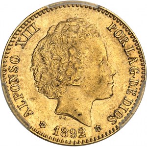 Alfons XIII (1886-1931). 20 peset, młodzieńcze popiersie 1892 (18-92) PG, M, Madryt.