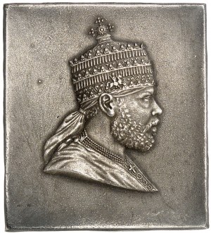 Menelik II (1889-1913). Bronzostříbrný odlitek, Menelik II. král etiopských králů ND (cca 1889), Paříž (P. Guillaumot).