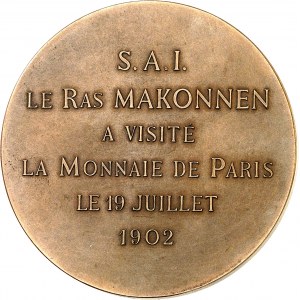 Menelik II (1889-1913). Návštěvní medaile z Monnaie de Paris, 19. července 1902, H.I.H. Ras Makonnen 1902, Paříž.