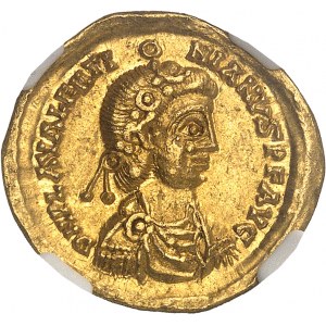 Vizigóti, pseudoimperiálna séria. Solidus na meno Valentiniana III ND (3. štvrtina 5. storočia), Galia.