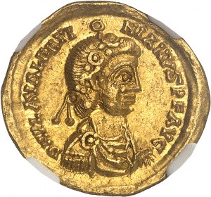 Vizigóti, pseudoimperiálna séria. Solidus na meno Valentiniana III ND (3. štvrtina 5. storočia), Galia.