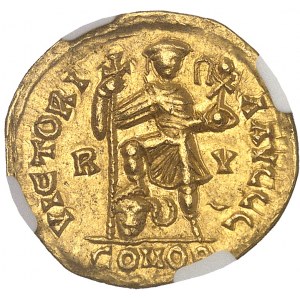 Vizigóti, pseudoimperiálna séria. Solidus na meno Valentiniana III ND (3. štvrtina 5. storočia), Galia.