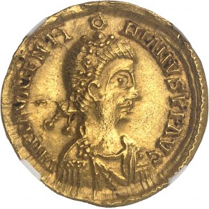 Vizigóti, pseudoimperiálna séria. Solidus na meno Valentiniana III ND (3. štvrtina 5. storočia), Galia.