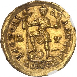 Vizigóti, pseudoimperiálna séria. Solidus na meno Valentiniana III ND (3. štvrtina 5. storočia), Galia.