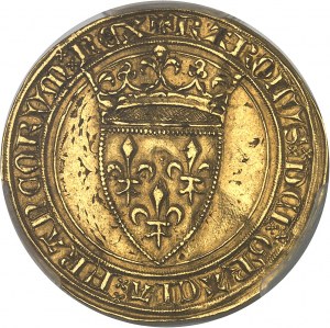 Karol VI (1380-1422). Zlatý štít s korunou, 1. emisia ND (1385), Lyon.