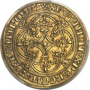 Karel VI (1380-1422). Zlatý štít s korunou, 1. emise ND (1385), Lyon.