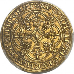 Karol VI (1380-1422). Zlatý štít s korunou, 1. emisia ND (1385), Lyon.