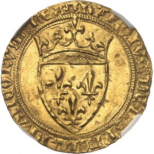 Karel VI (1380-1422). Zlatý štít s korunou, 4. emise ND (1394-1411), Montpellier.