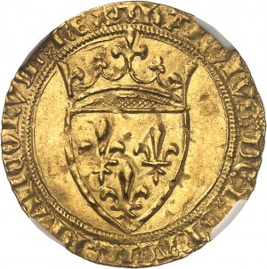 Karol VI (1380-1422). Zlatý štít s korunou, 4. emisia ND (1394-1411), Montpellier.