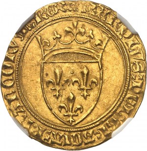 Karol VI (1380-1422). Zlatý štít s korunou, 4. emisia ND (1394-1411), Montpellier.