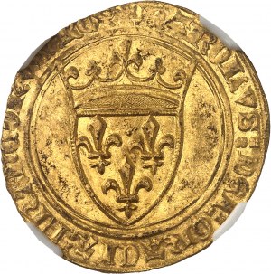 Karel VI (1380-1422). Zlatý štít s korunou, 4. emise ND (1394-1411), Saint-Pourçain.